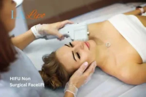 Woman having Hi-Fu to reduce wrinkles Hyde Park Corner.