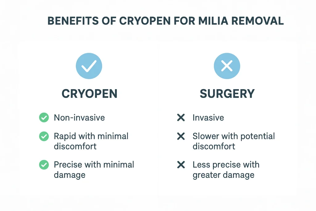 Benefits of cryopen for milia removal Hyde Park Corner compared to surgical treatments.