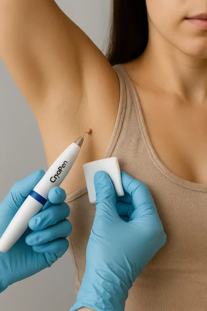 woman having cryopen to remove underarm skin tags Hyde Park Corner
