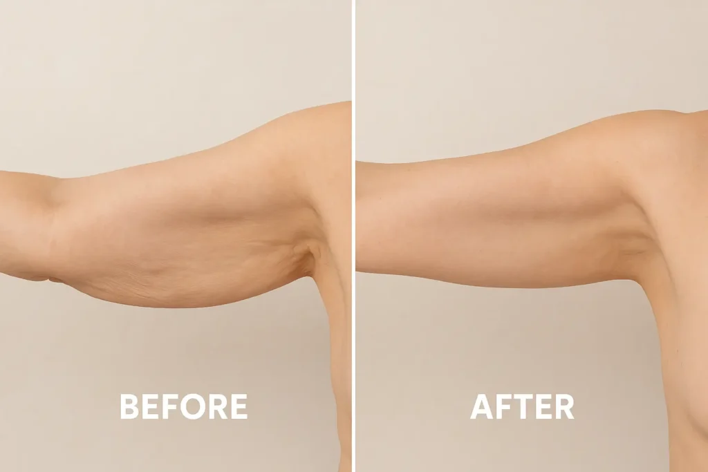Picture of LA LIPO Hyde Park Corner before and after results of skin tightening treatment on the upper arms.