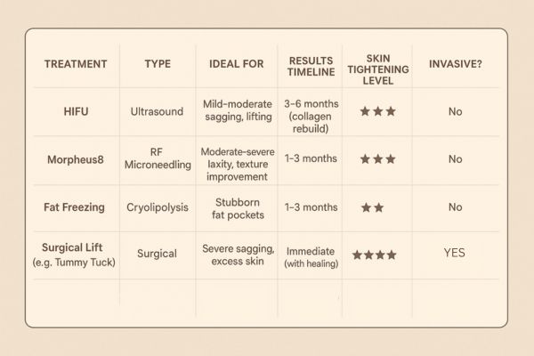 Table showing the comparisons of Skin tightening Hyde Park Corner treatment options.